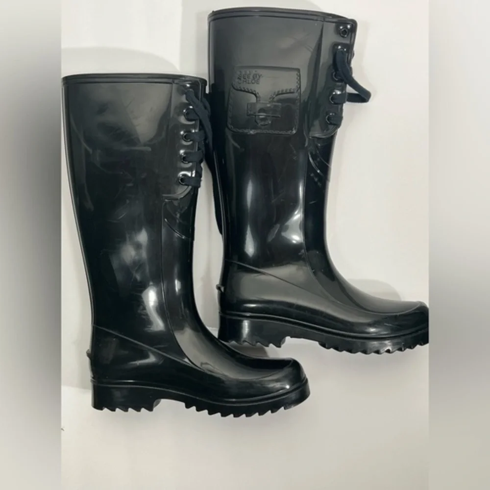 See by Chloe Lace Wellington Black Rain Boots Sz 5